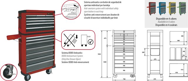 SERVANTE À ROUES ET COFFRE 14 TIROIRS ROUGE 730 × 475 × 1500 MM