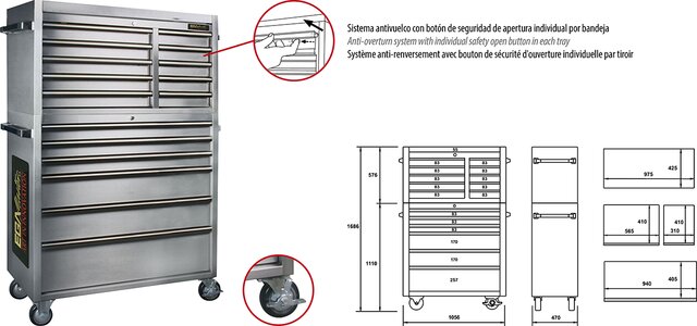 SERVANTE À ROUES 16 TIROIRS ACIER INOXYDABLE 1056 × 470 × 1686 MM